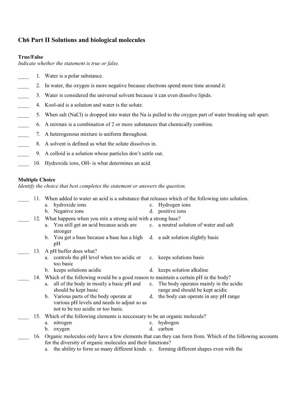 Ch6 Part II Solutions and Biological Molecules