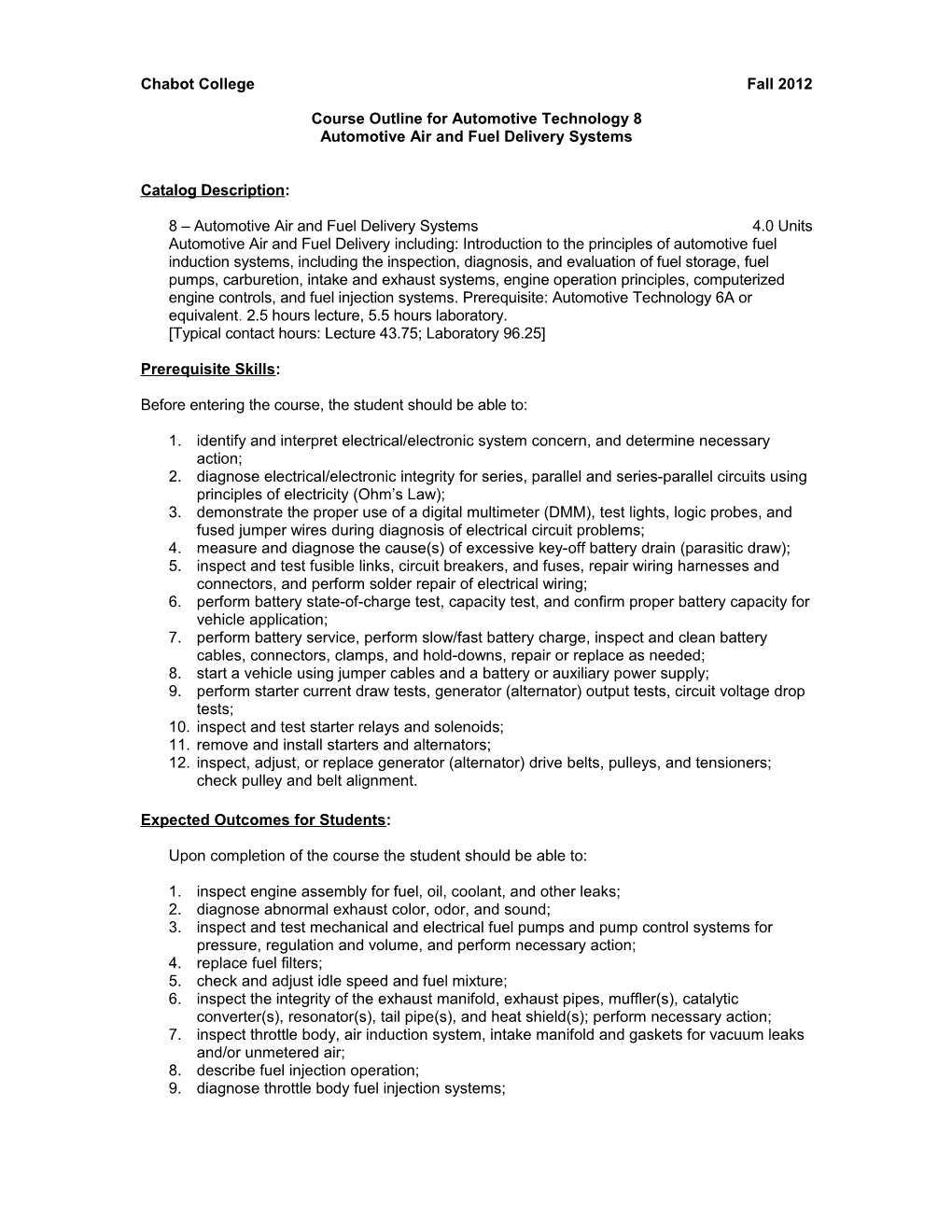 Course Outline for Automotive Technology 8, Page 3