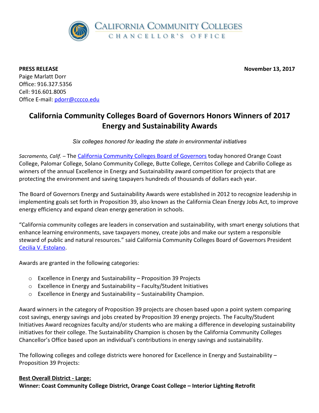 California Community Colleges Board of Governors Honors Winners of 2017 Energy And