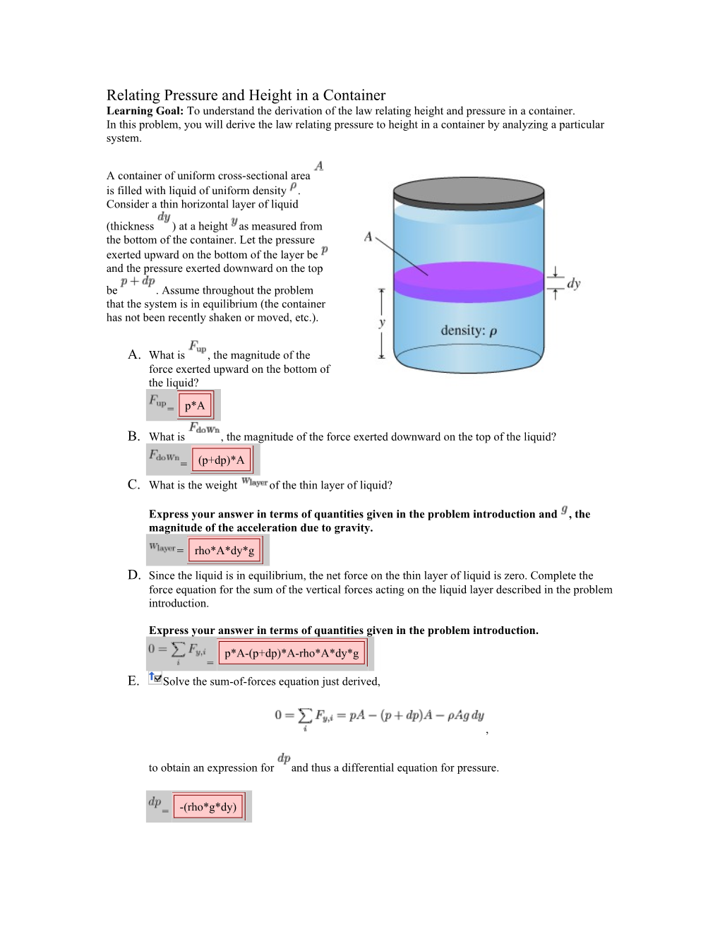 Relating Pressure and Height in a Container