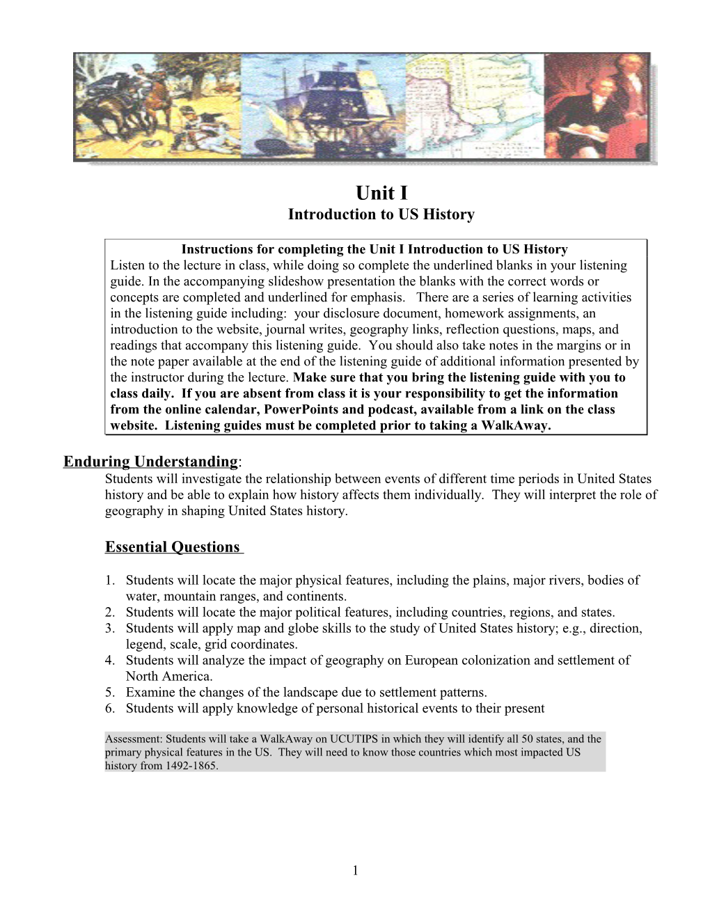 Instructions for Completing the Unit I Introduction to US History