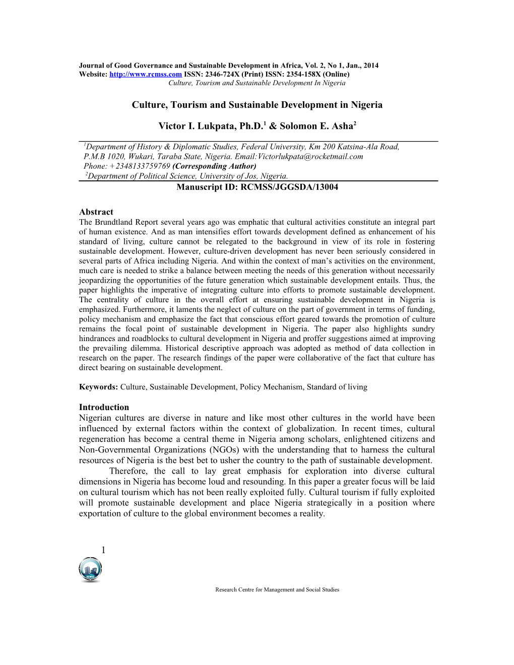 Journal of Good Governance and Sustainable Development in Africa, Vol. 2, No 1, Jan., 2014