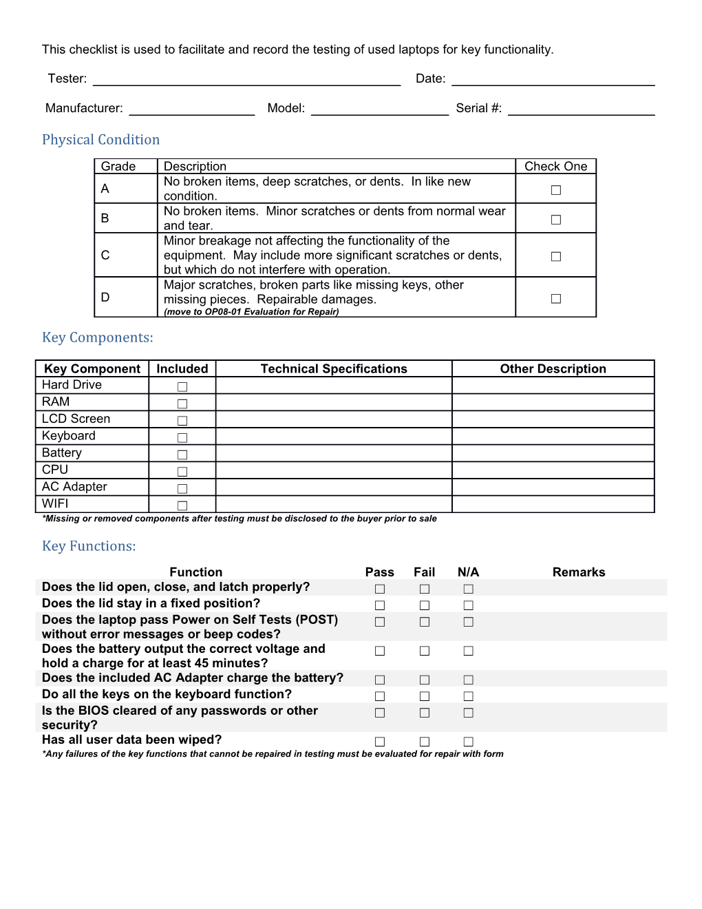 *Missing Or Removed Components After Testing Must Be Disclosed to the Buyer Prior to Sale