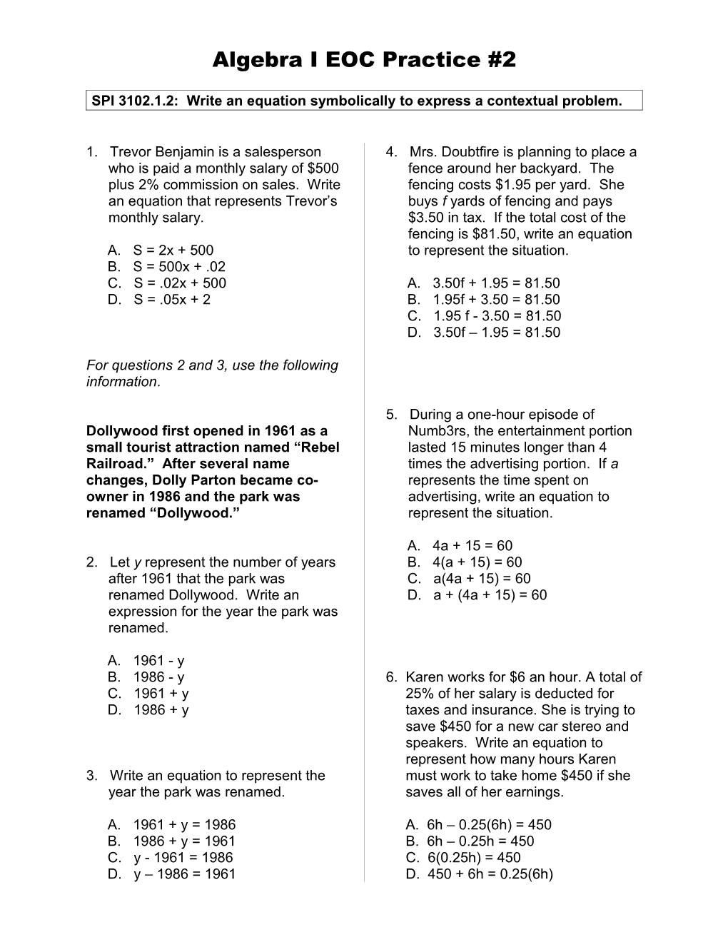 Algebra I EOC Practice #1 s1