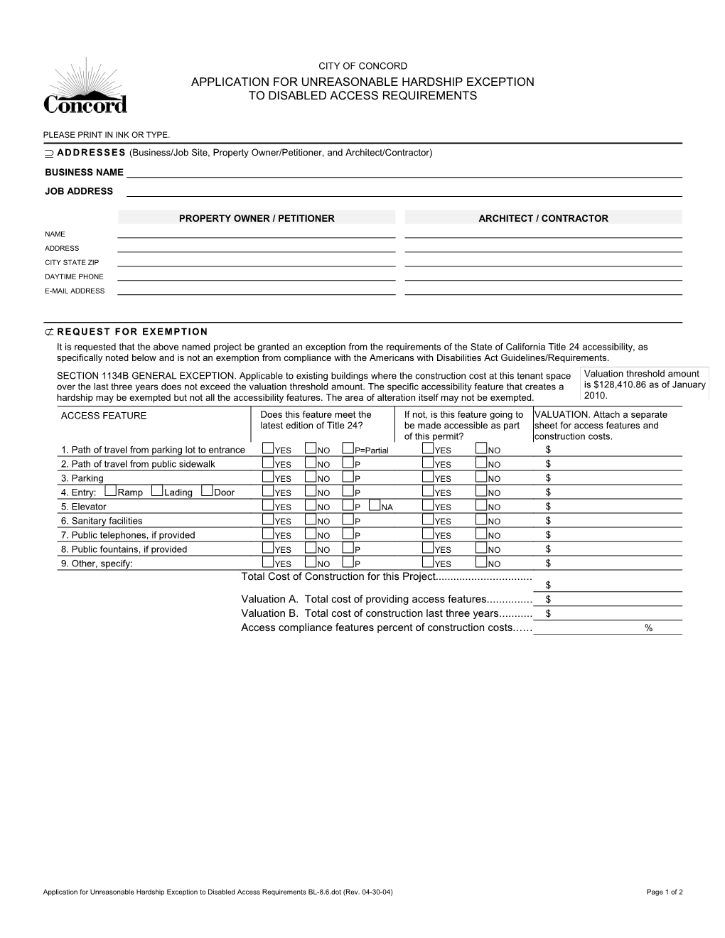 Application for Unreasonable Hardship Exception to Disabled Access Requirements BL-86.Dot