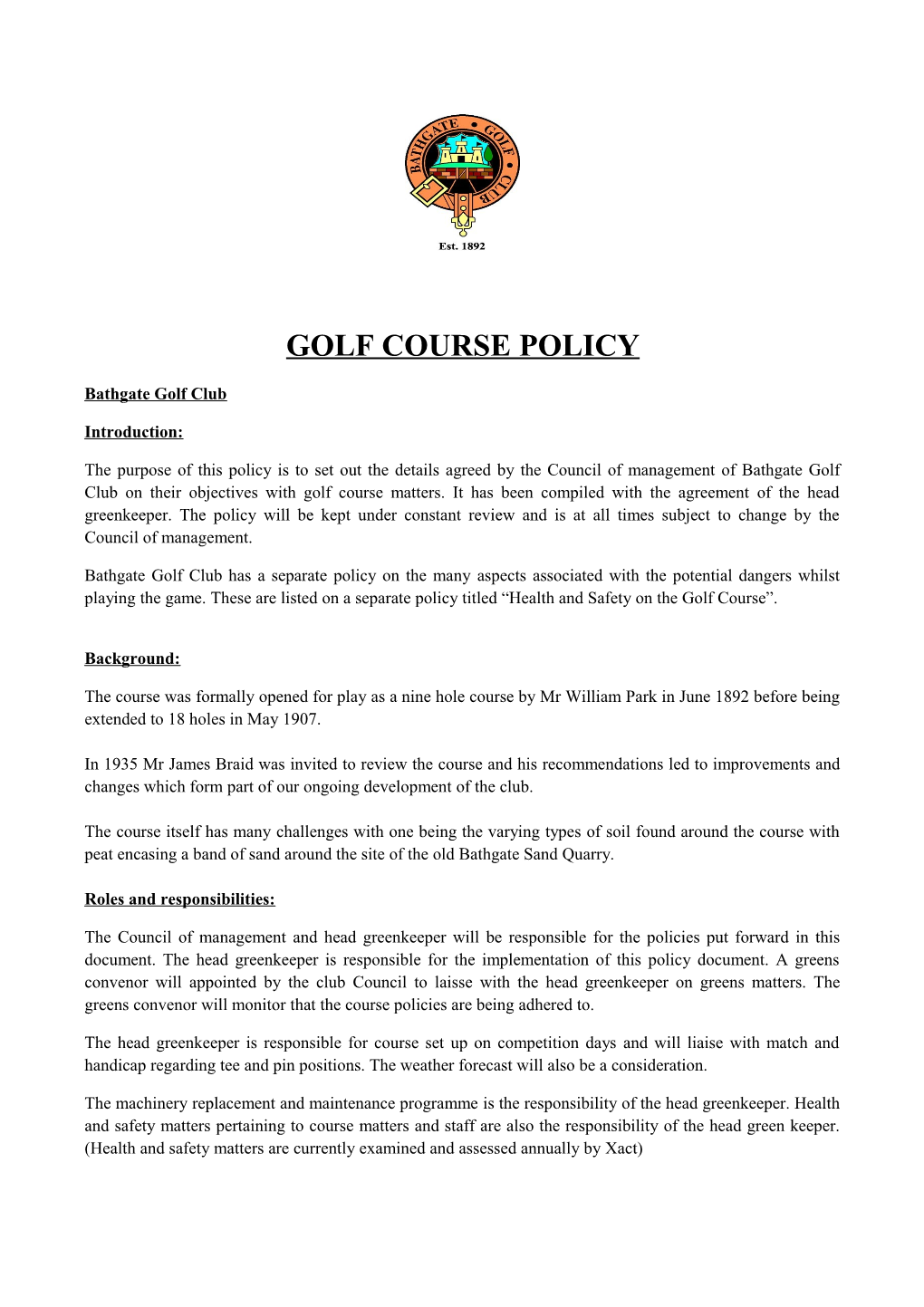 Golf Course Policy