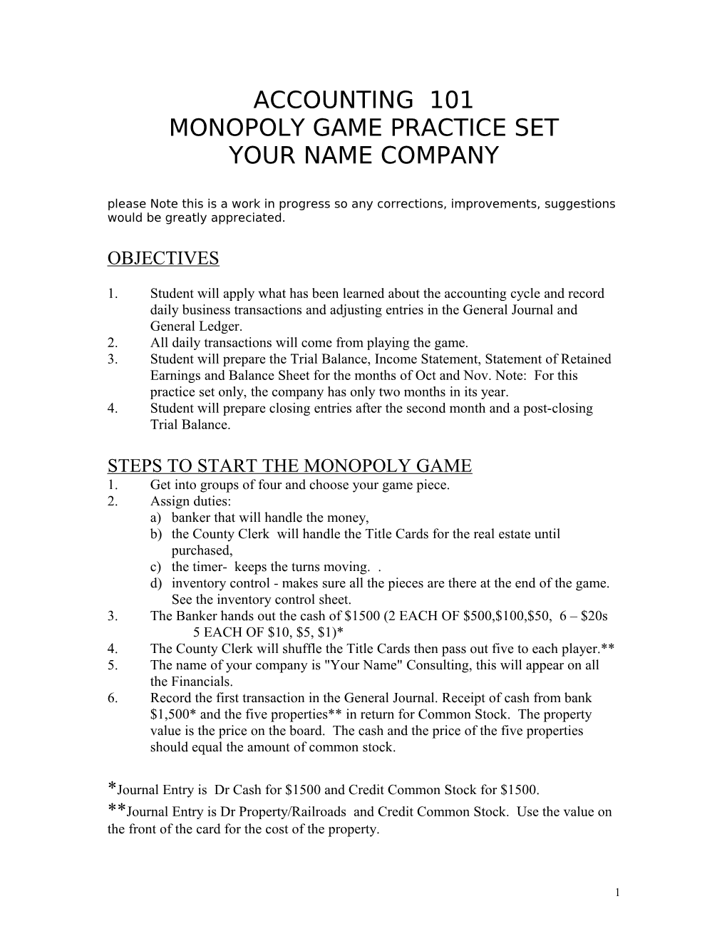 Monopoly Game Practice Set s1