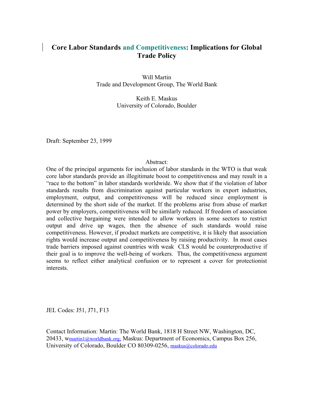 The Economics of Core Labor Standards: Implications for Global Trade Policy