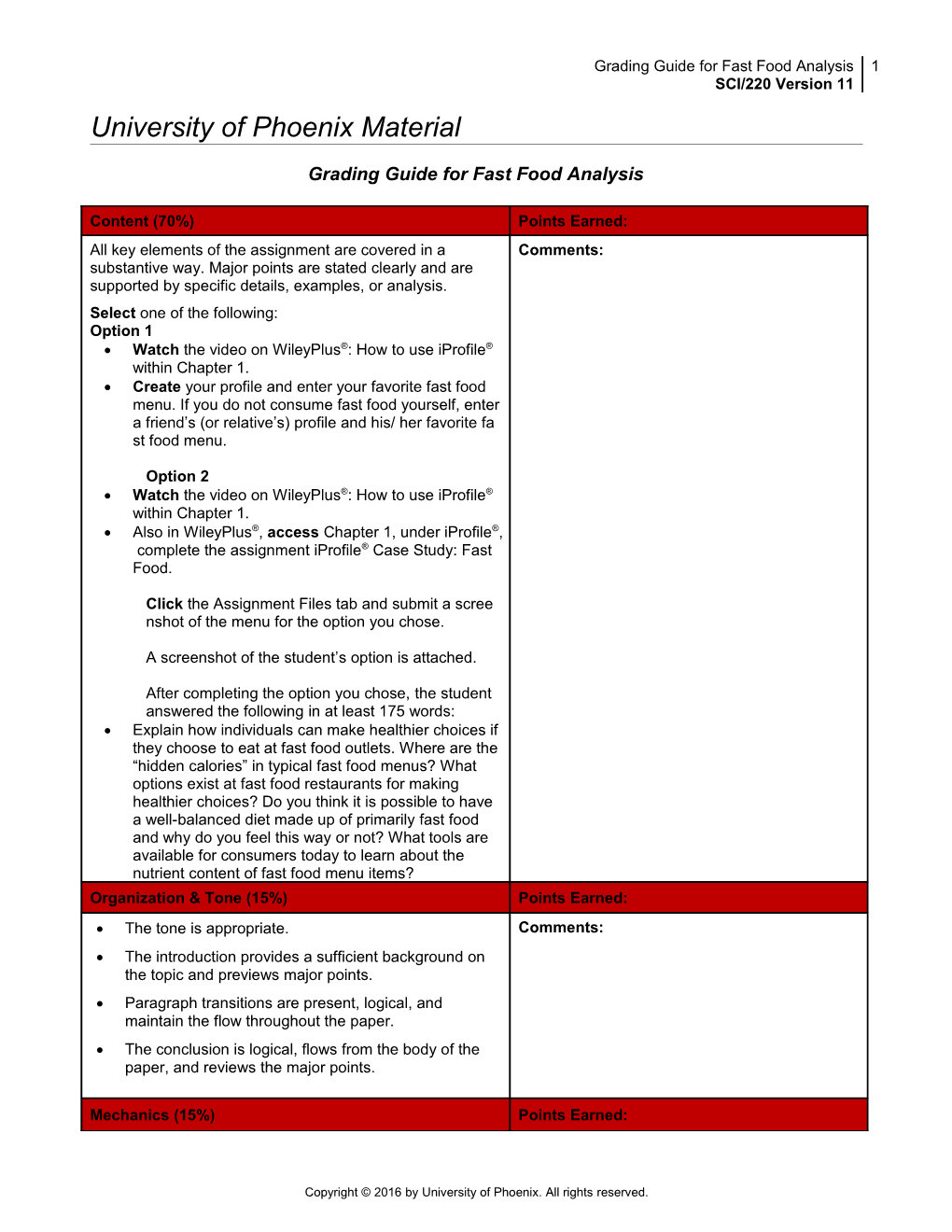 Grading Guide for Fast Food Analysis