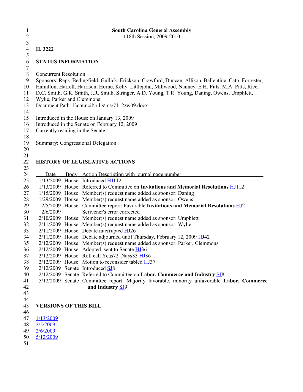 2009-2010 Bill 3222: Congressional Delegation - South Carolina Legislature Online