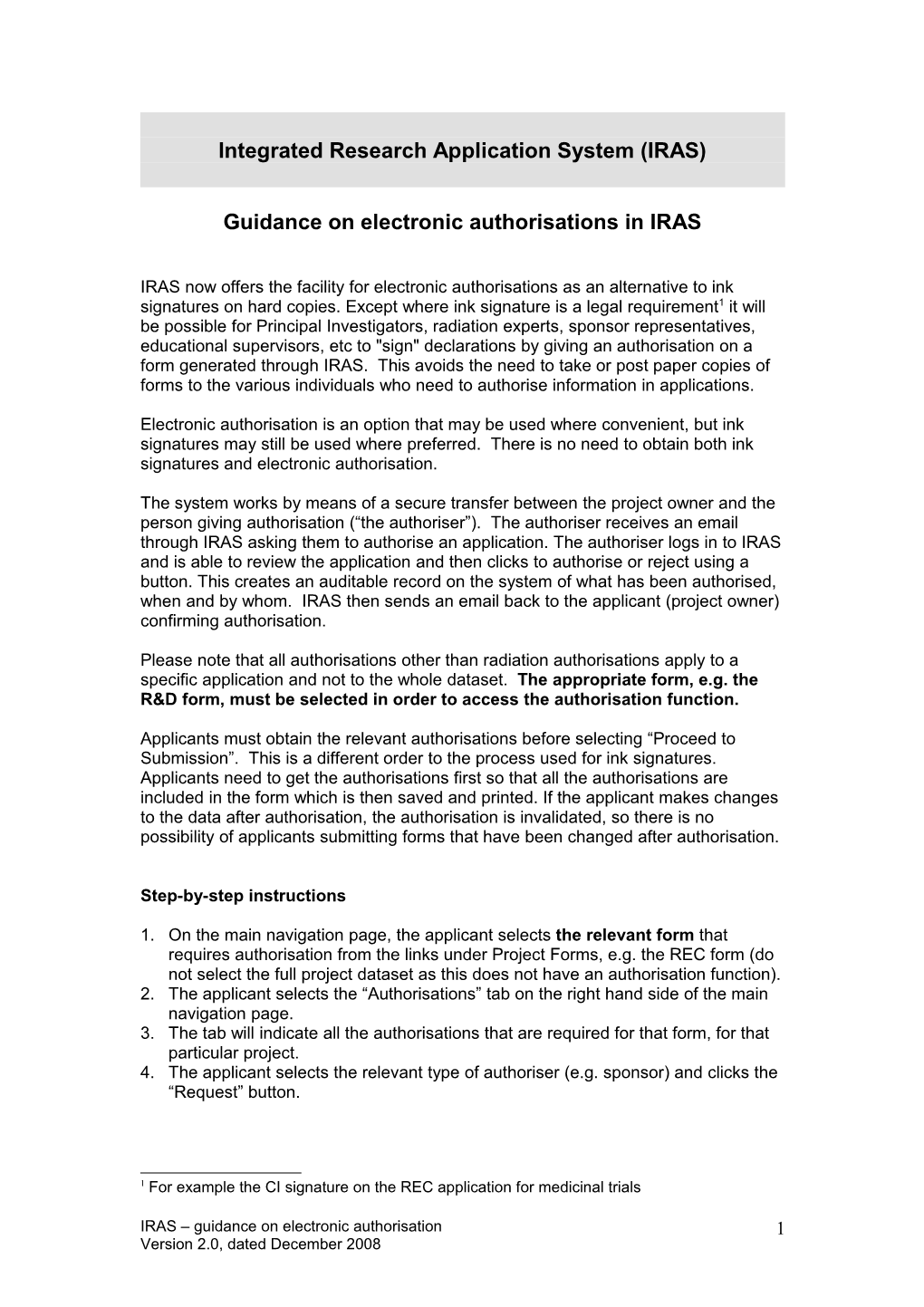Guidance on Electronic Authorisations in IRAS