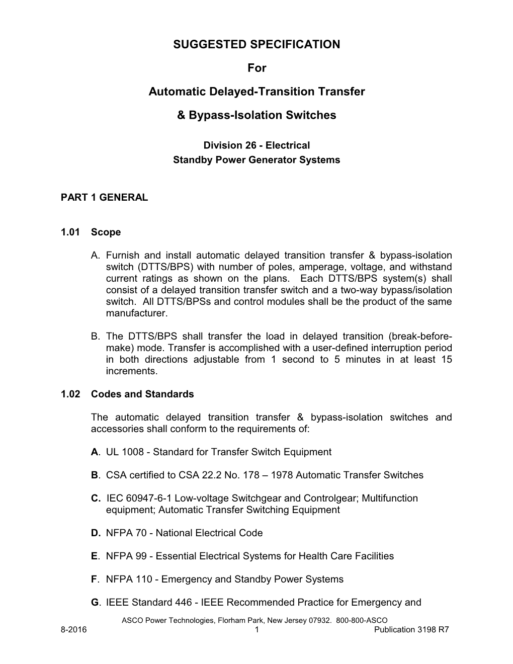 ASCO 7000 Series SUGGESTED SPECIFICATION for Automatic Delayed-Transition Transfer &