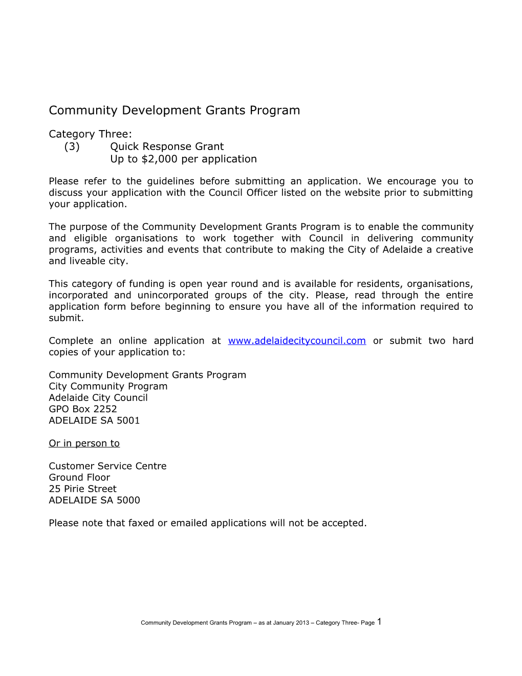 Community Development Grants Program As at January 2013 Category Three- Page 1