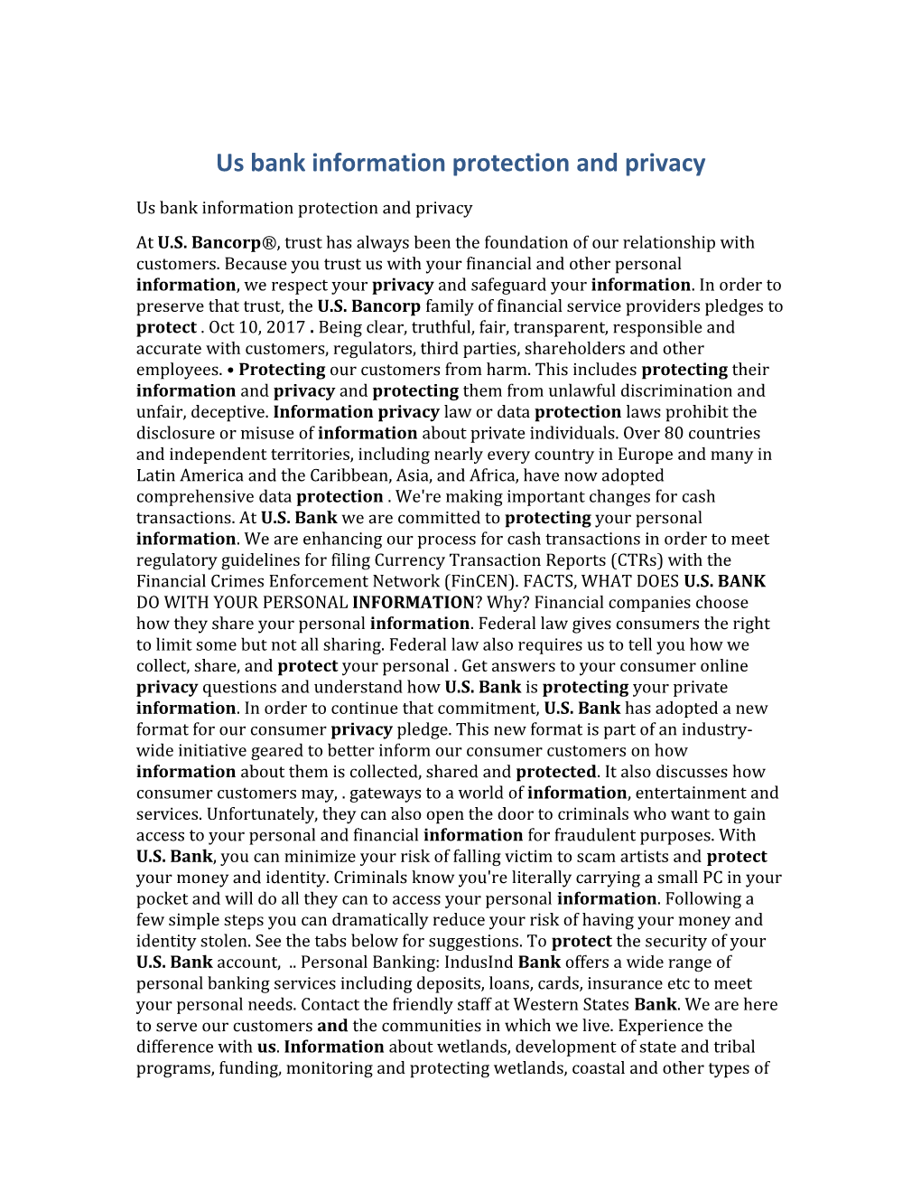 Us Bank Information Protection and Privacy