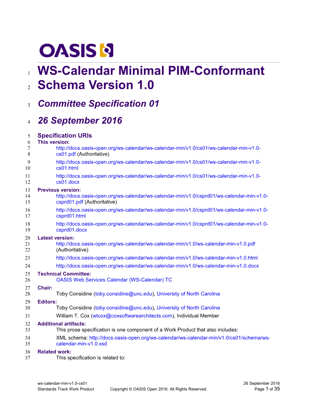 WS-Calendar Minimal PIM-Conformant Schema Version 1.0 s1