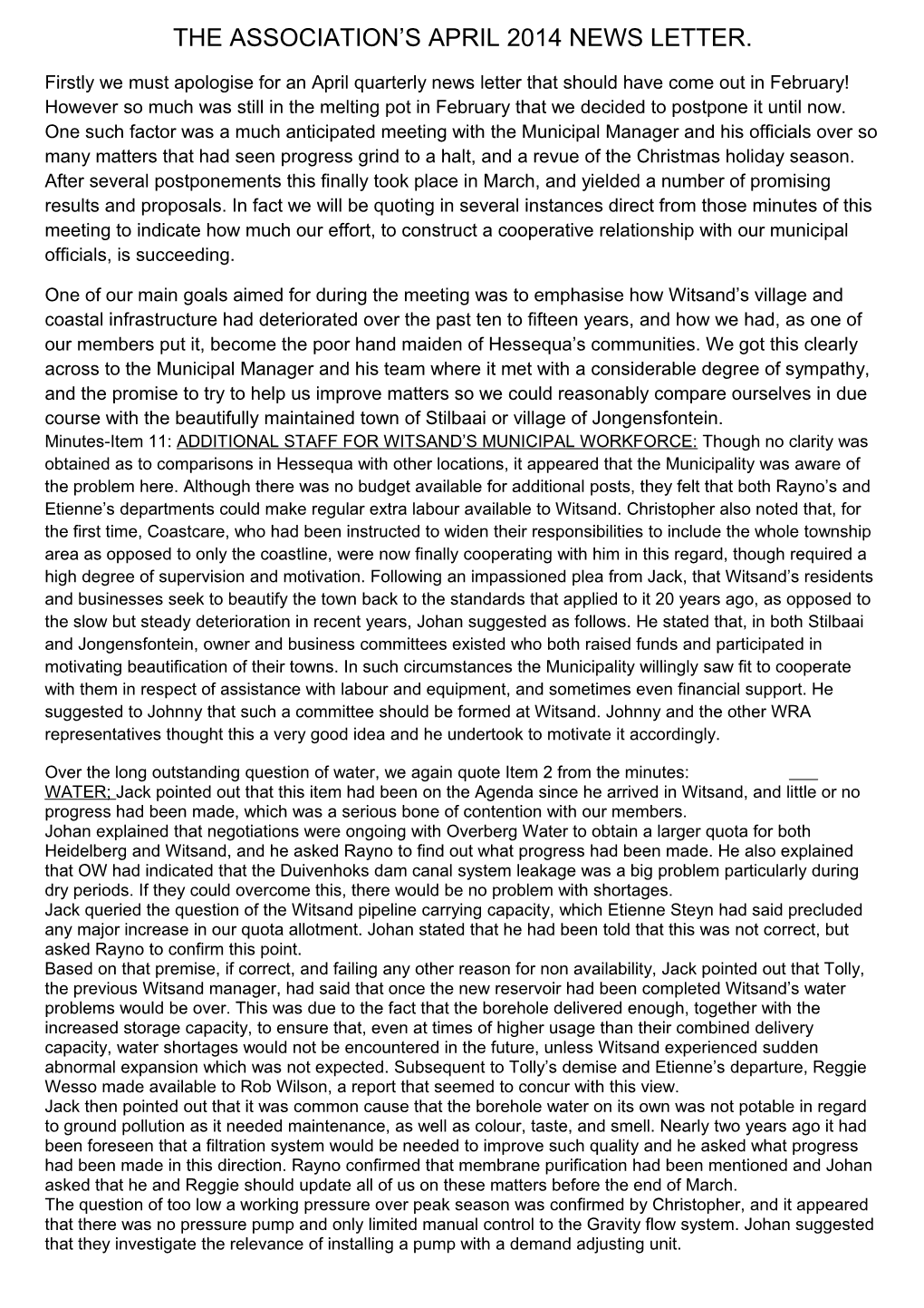 The Association S April 2014 News Letter
