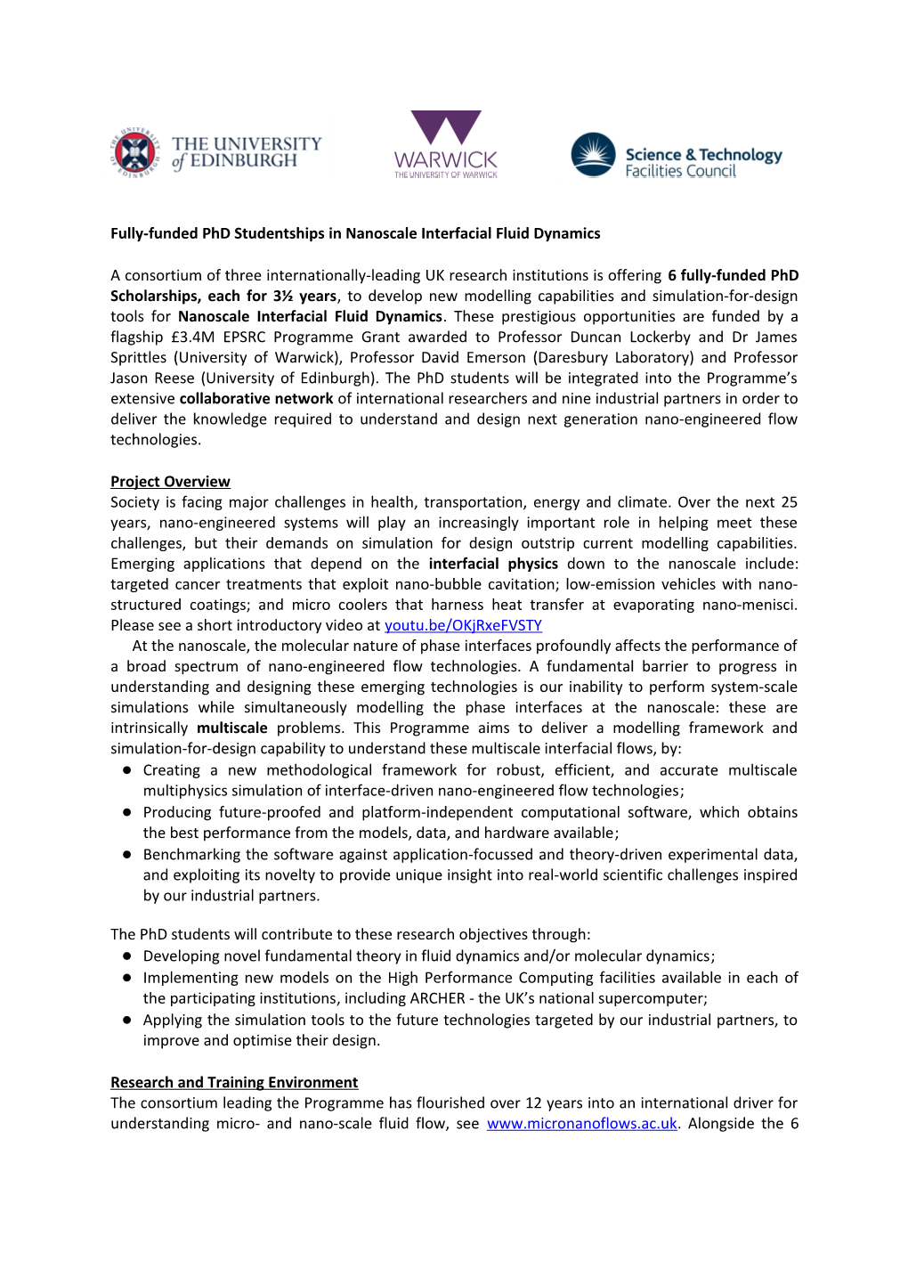 Fully-Funded Phd Studentships in Nanoscale Interfacial Fluid Dynamics
