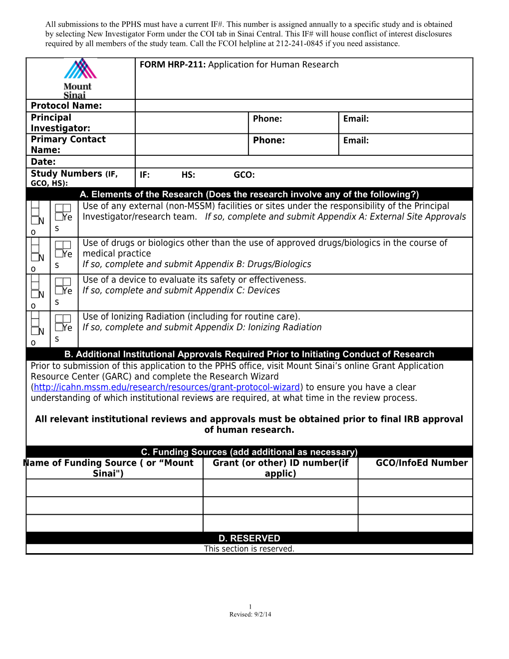 FORM HRP-211: Application for Human Research, Including As Applicable