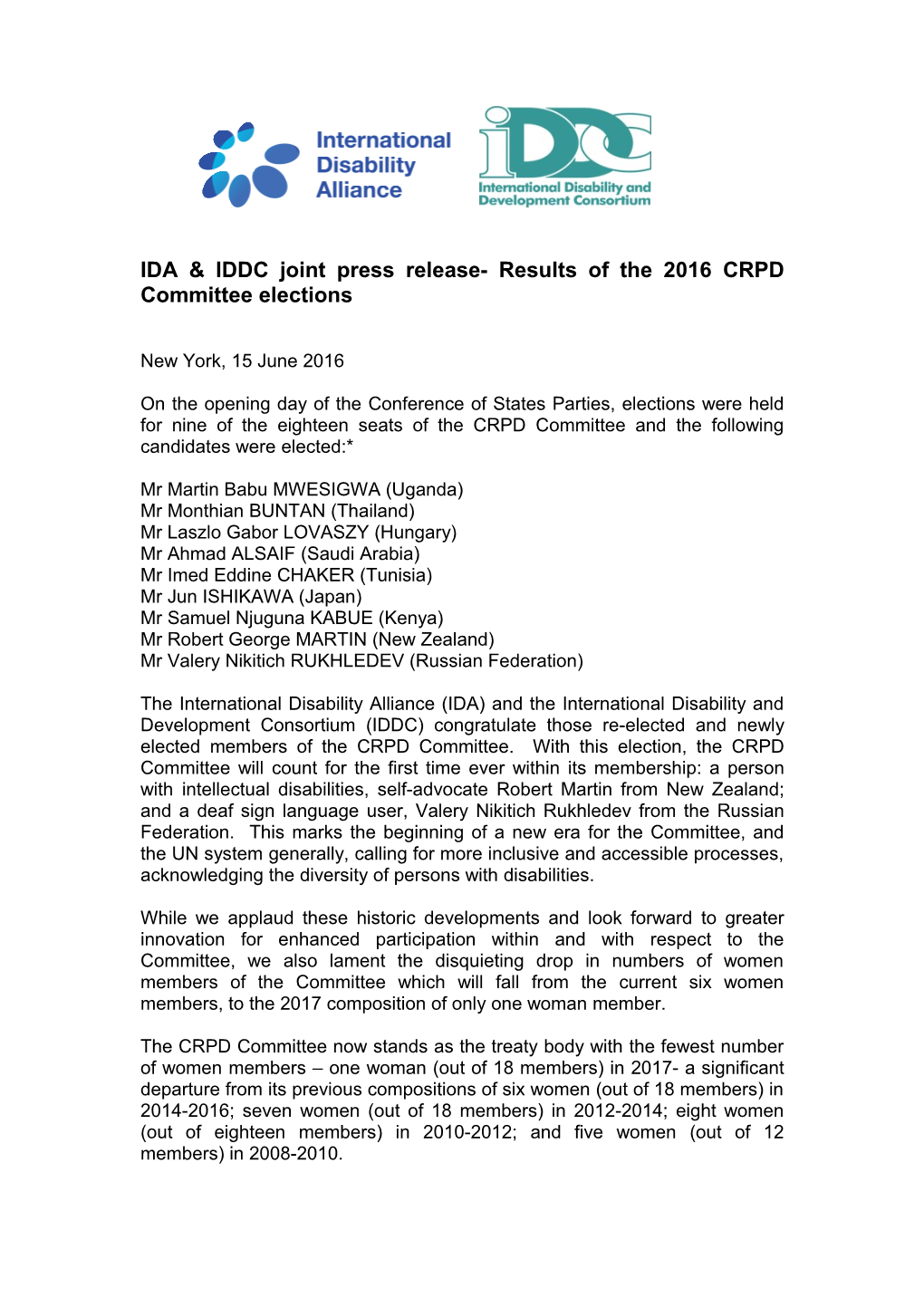 IDA & IDDC Joint Press Release- Results of the 2016 CRPD Committee Elections