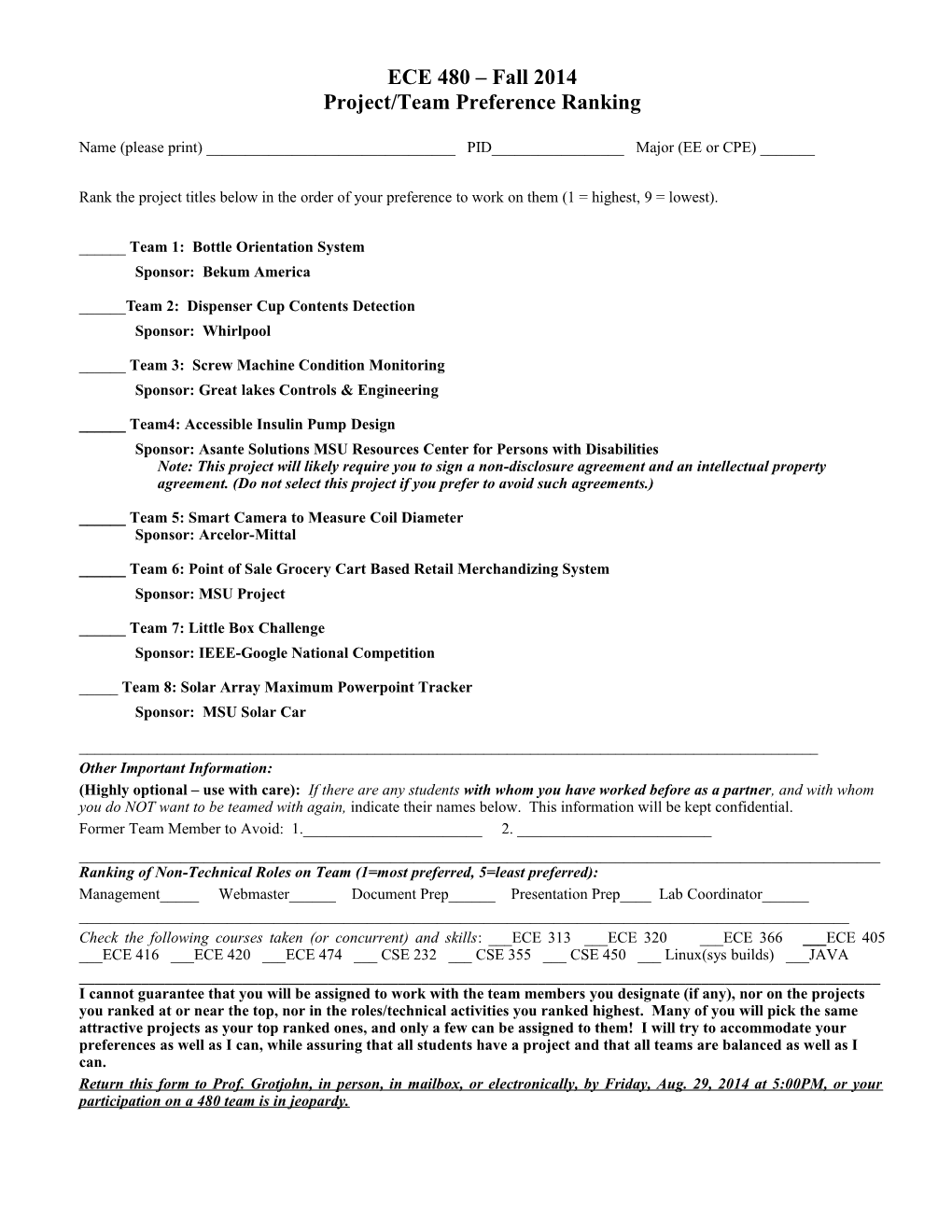 ECE 480 Project Preference Ranking Form