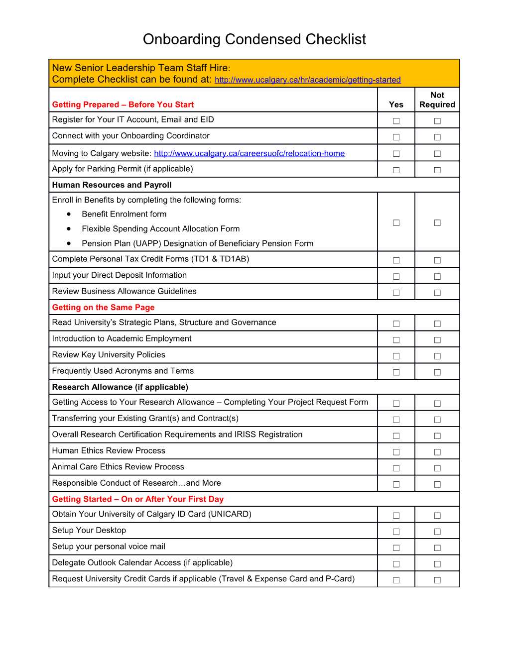 Onboarding Condensed Checklist