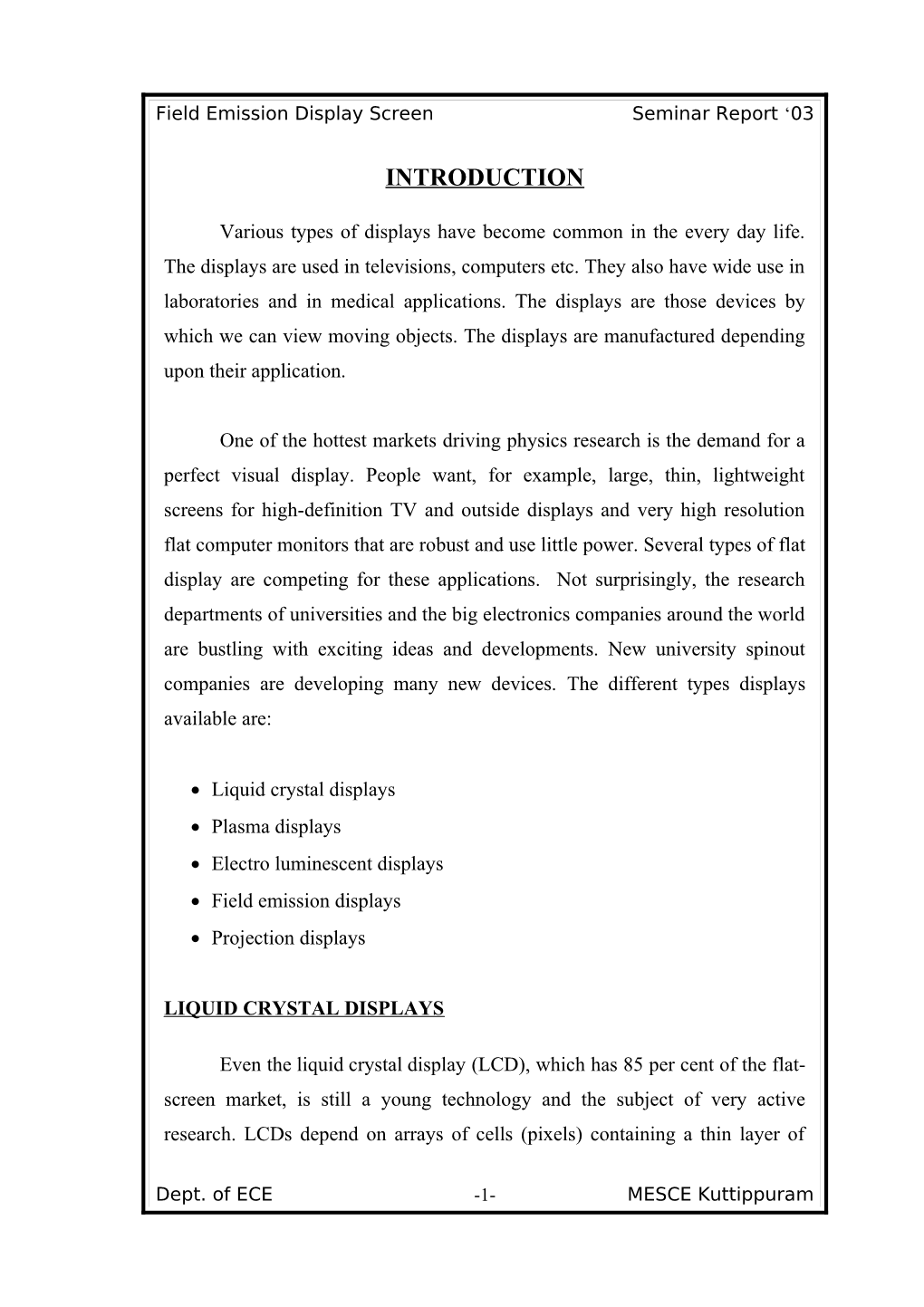 Field Emission Display Screen Seminar Report 03