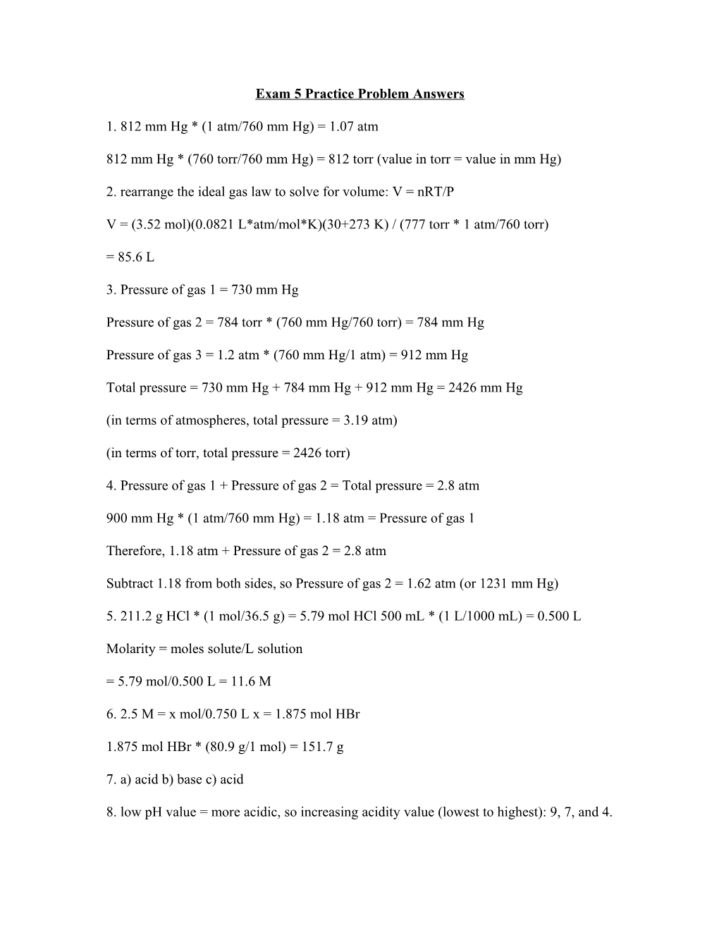 Exam 5 Practice Problem Answers