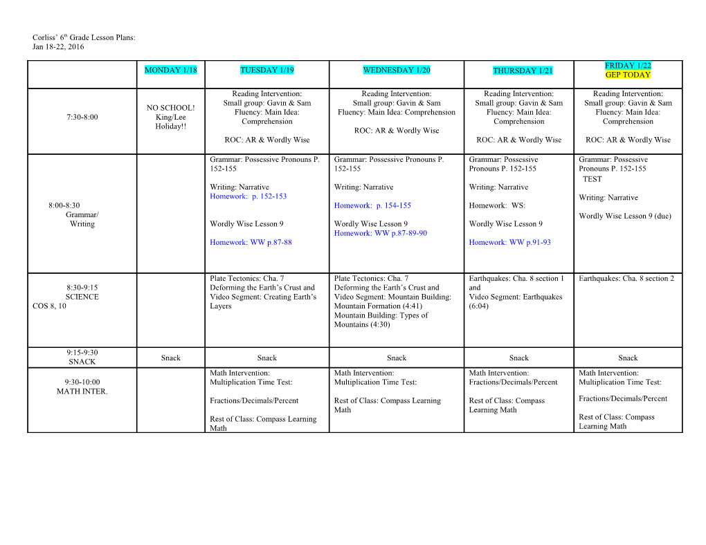 Corliss 6Th Grade Lesson Plans