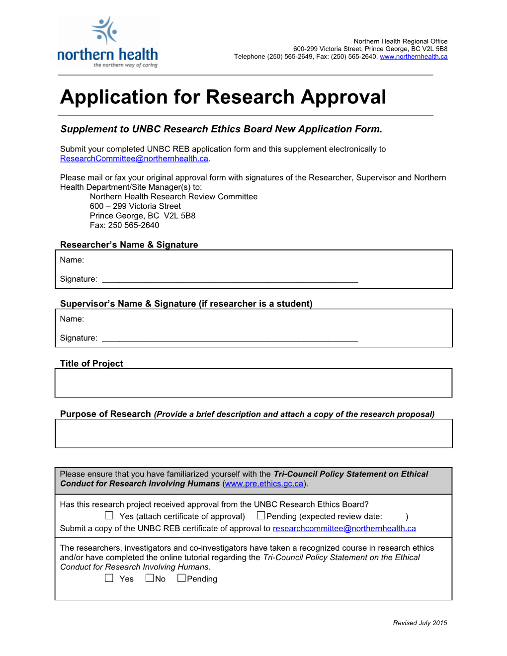 Supplement to UNBC Research Ethics Board New Application Form
