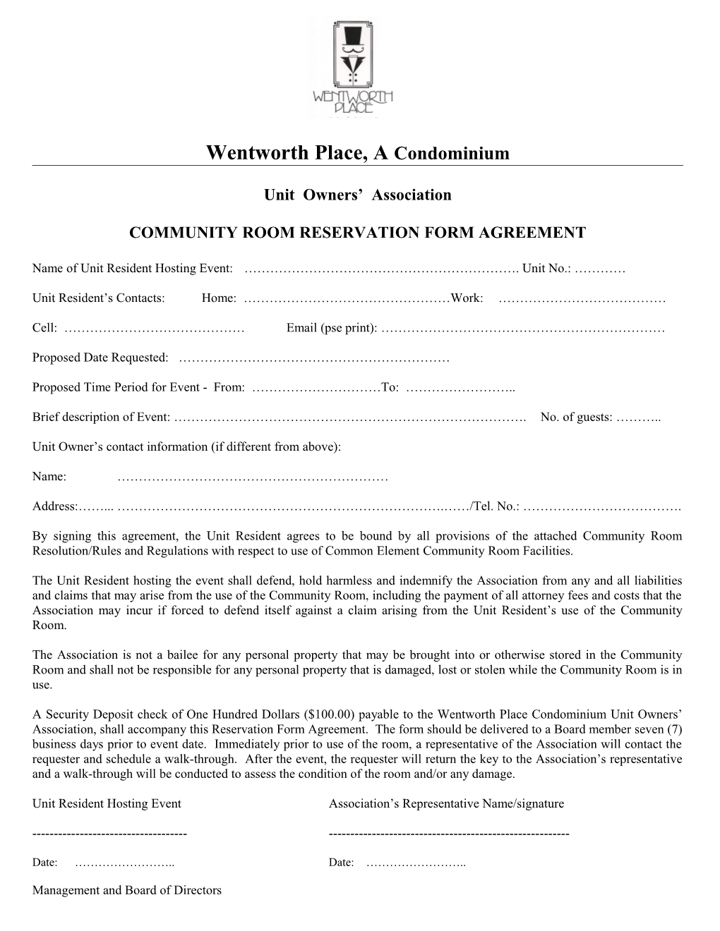 Community Room Reservation Form Agreement