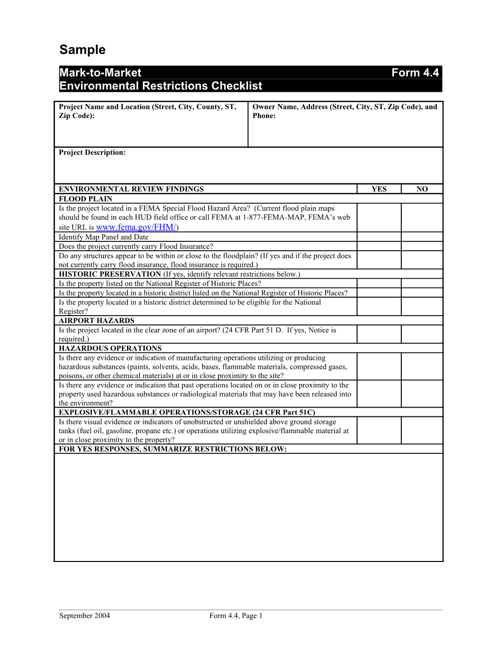 Demonstration Project Environmental Restrictions Checklist