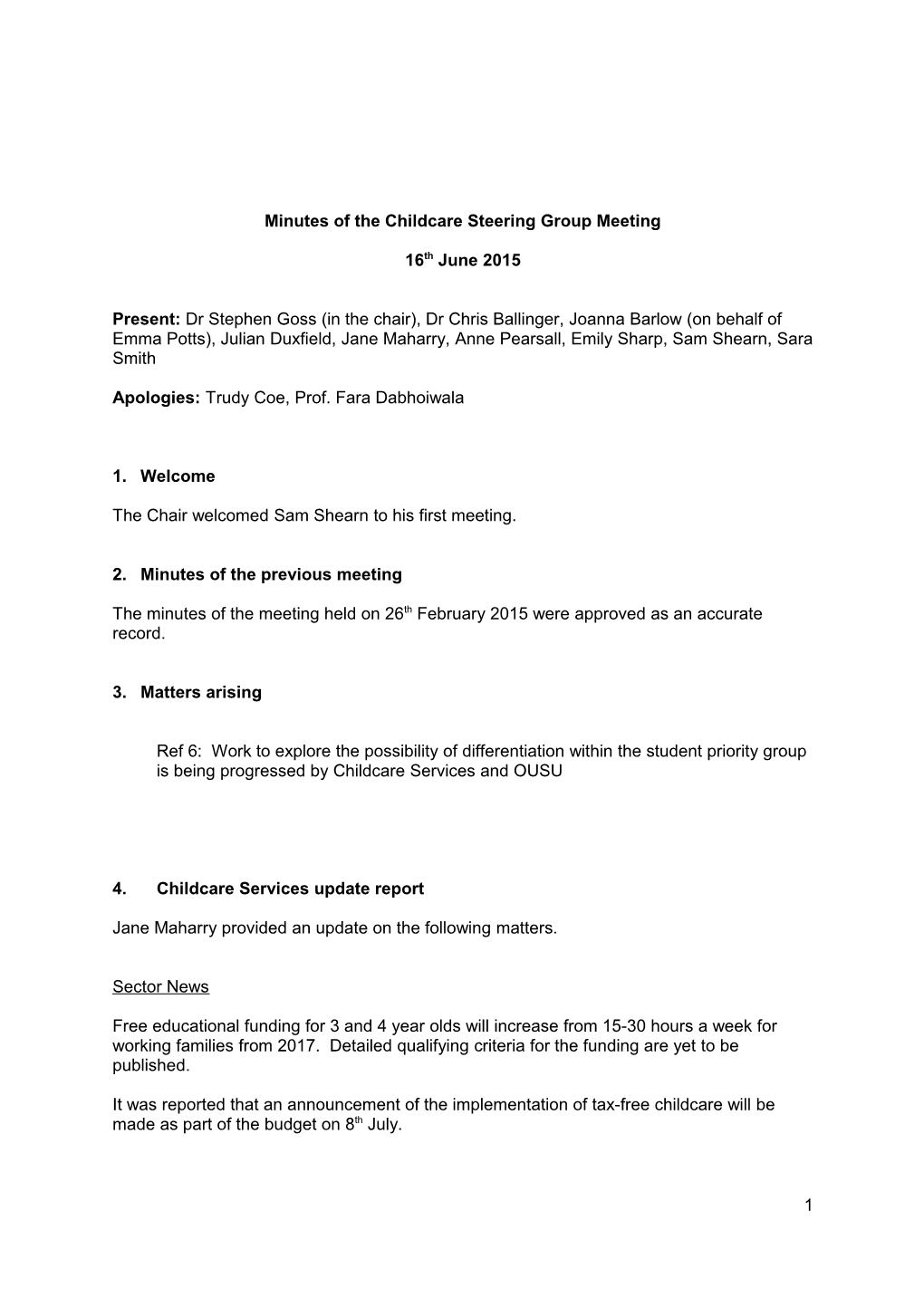 Minutes of the Childcare Steering Group Meeting