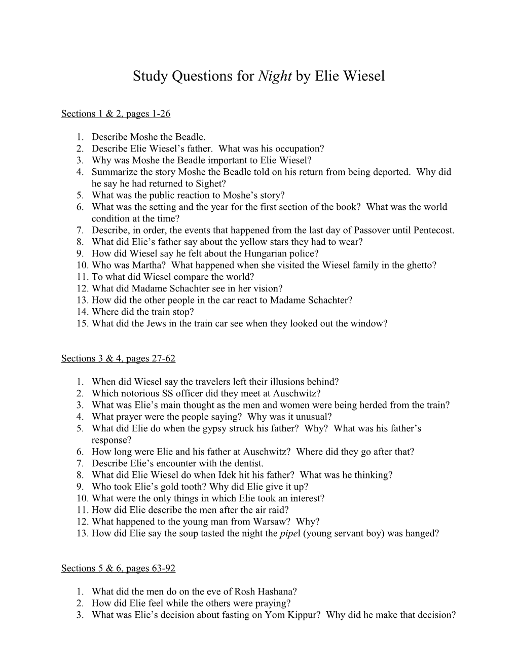 Study Questions for Night by Elie Wiesel