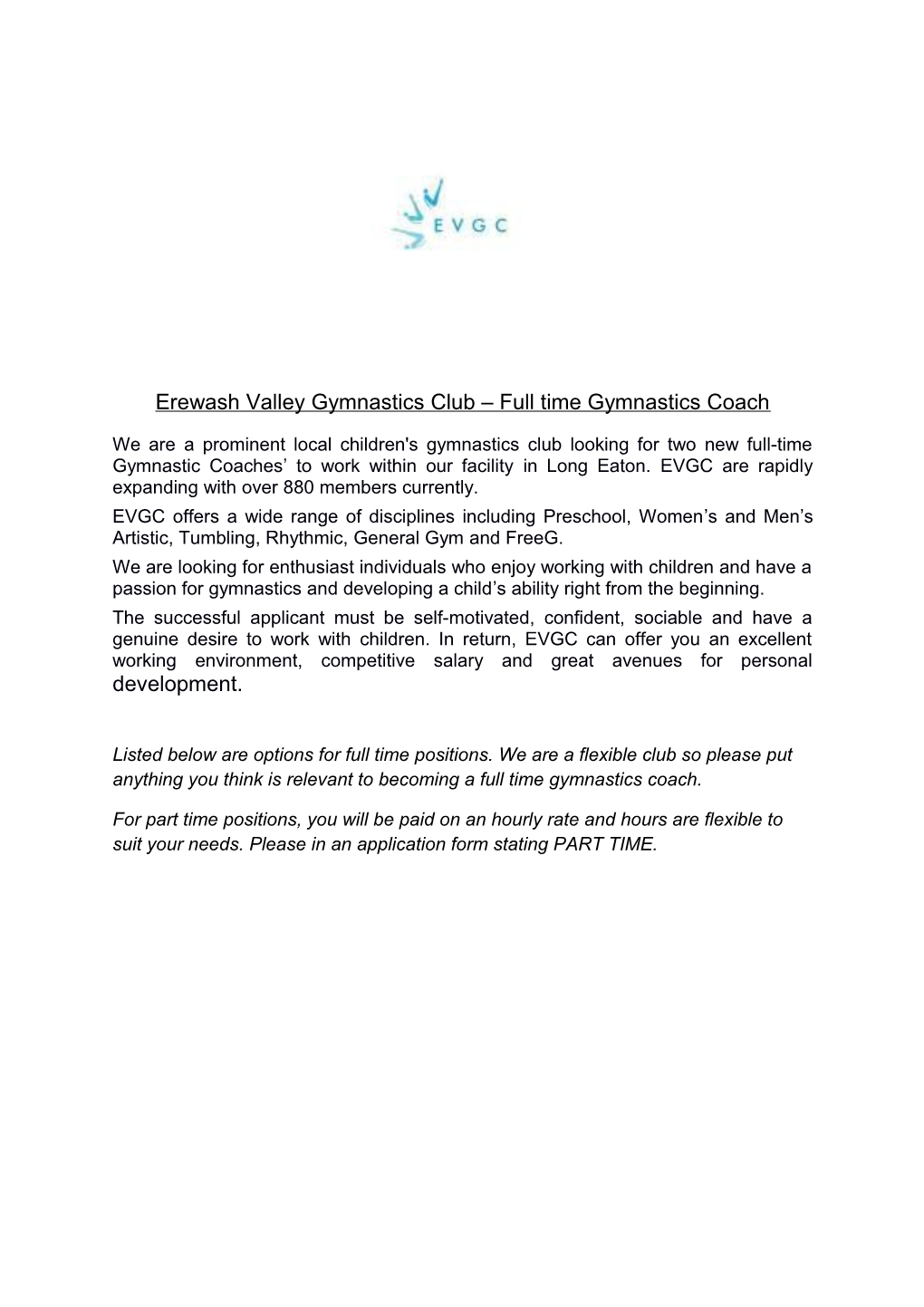 Erewash Valley Gymnastics Club Full Time Gymnastics Coach