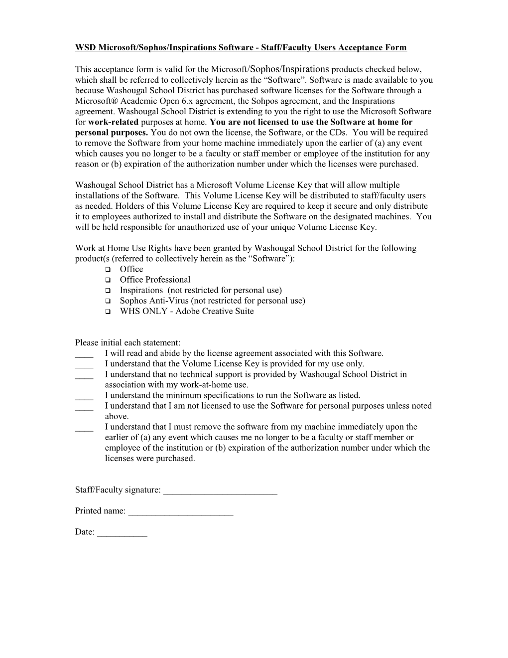 WSD Microsoft Software - Staff/Faculty Users Acceptance Form