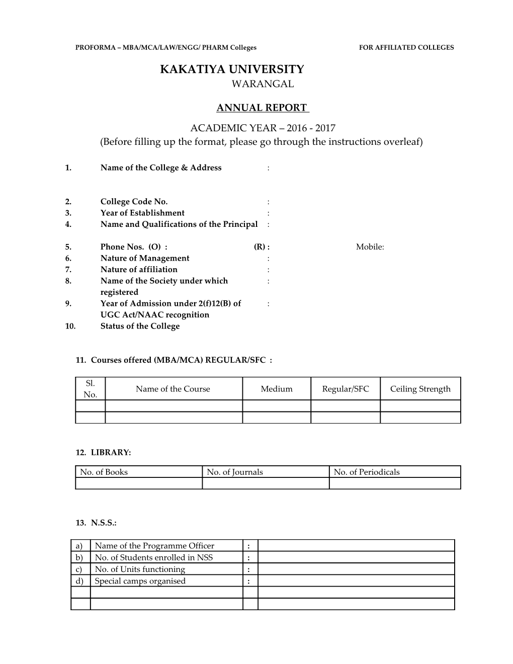 PROFORMA MBA/MCA/LAW/ENGG/PHARM Colleges for AFFILIATED COLLEGES