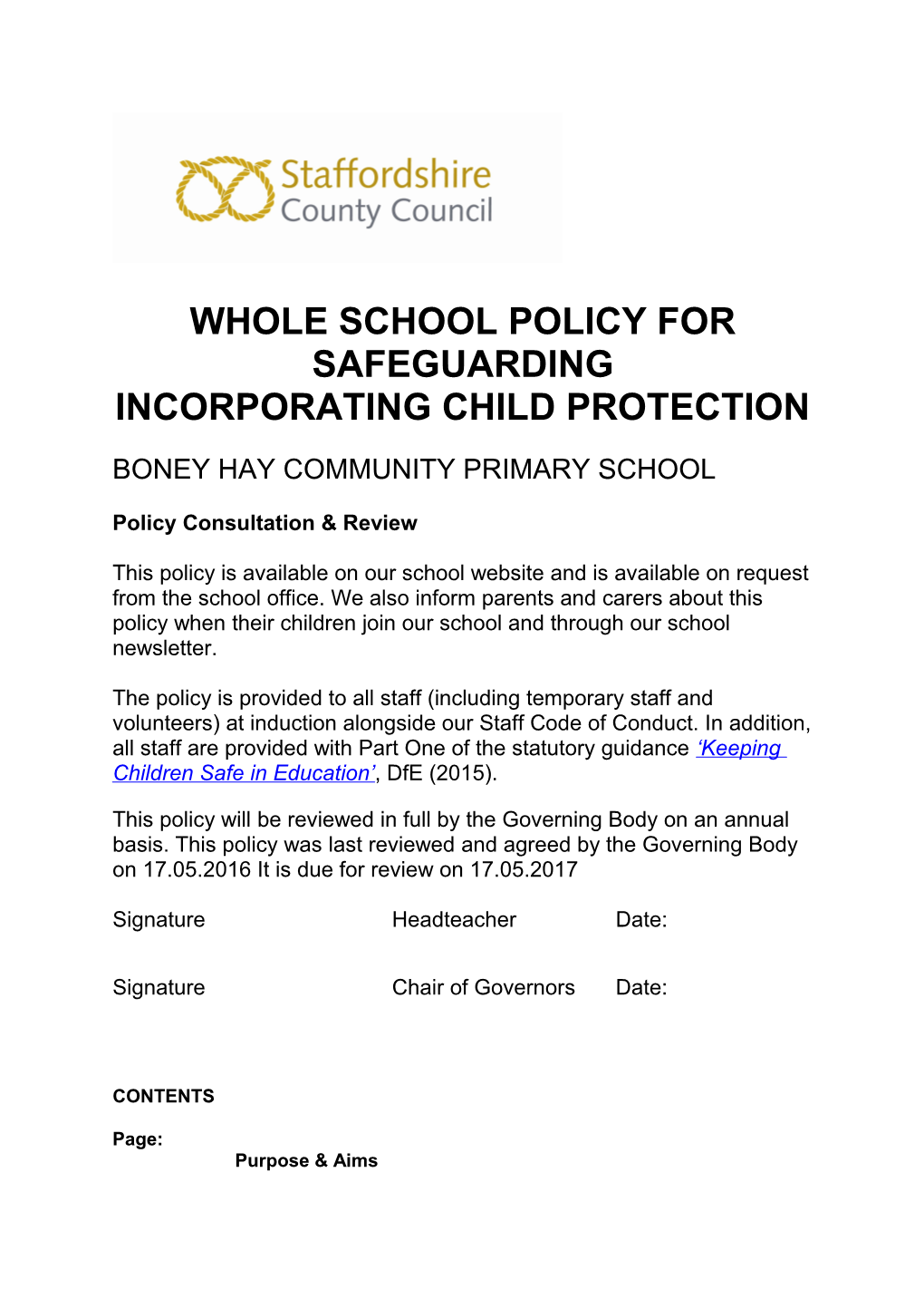 Whole School Policy for Safeguarding