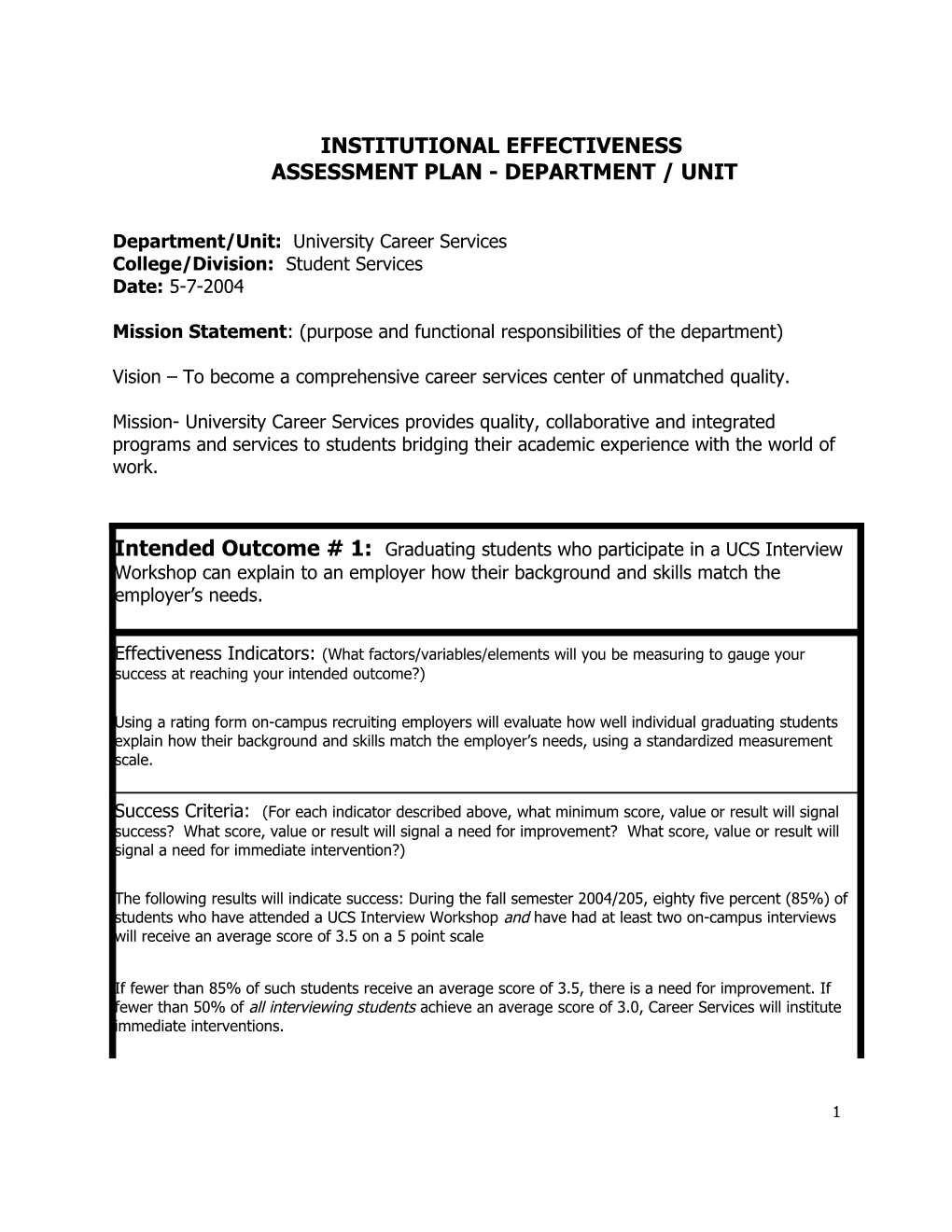 Department/Unit: University Career Services Date: 5-7-2004