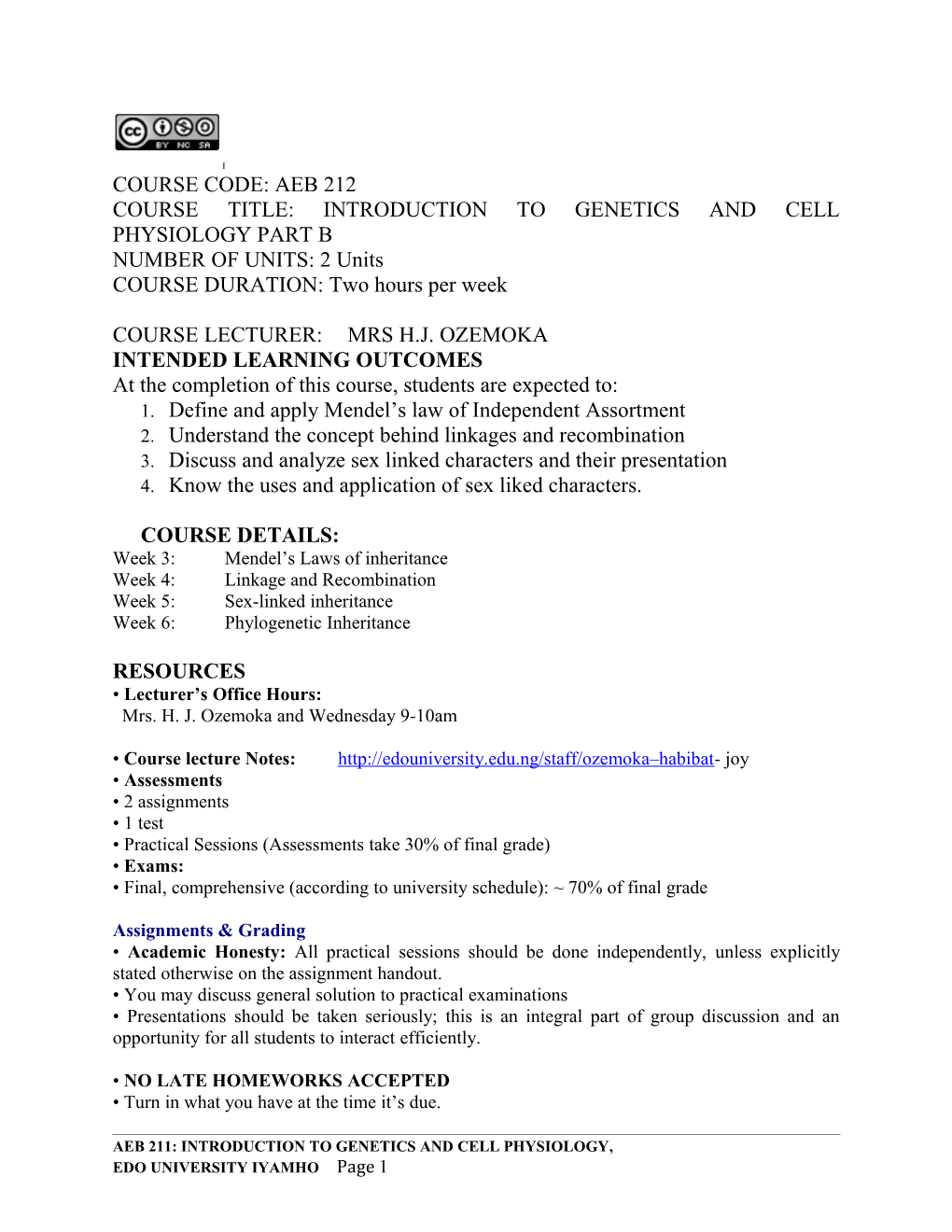 Course Title:Introduction to Genetics and Cell Physiology Part B