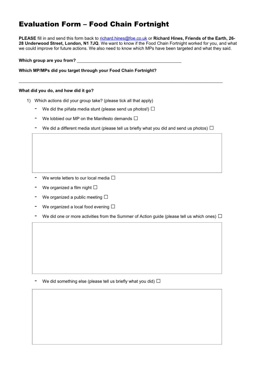 Food Chain Fortnight Evaluation Form