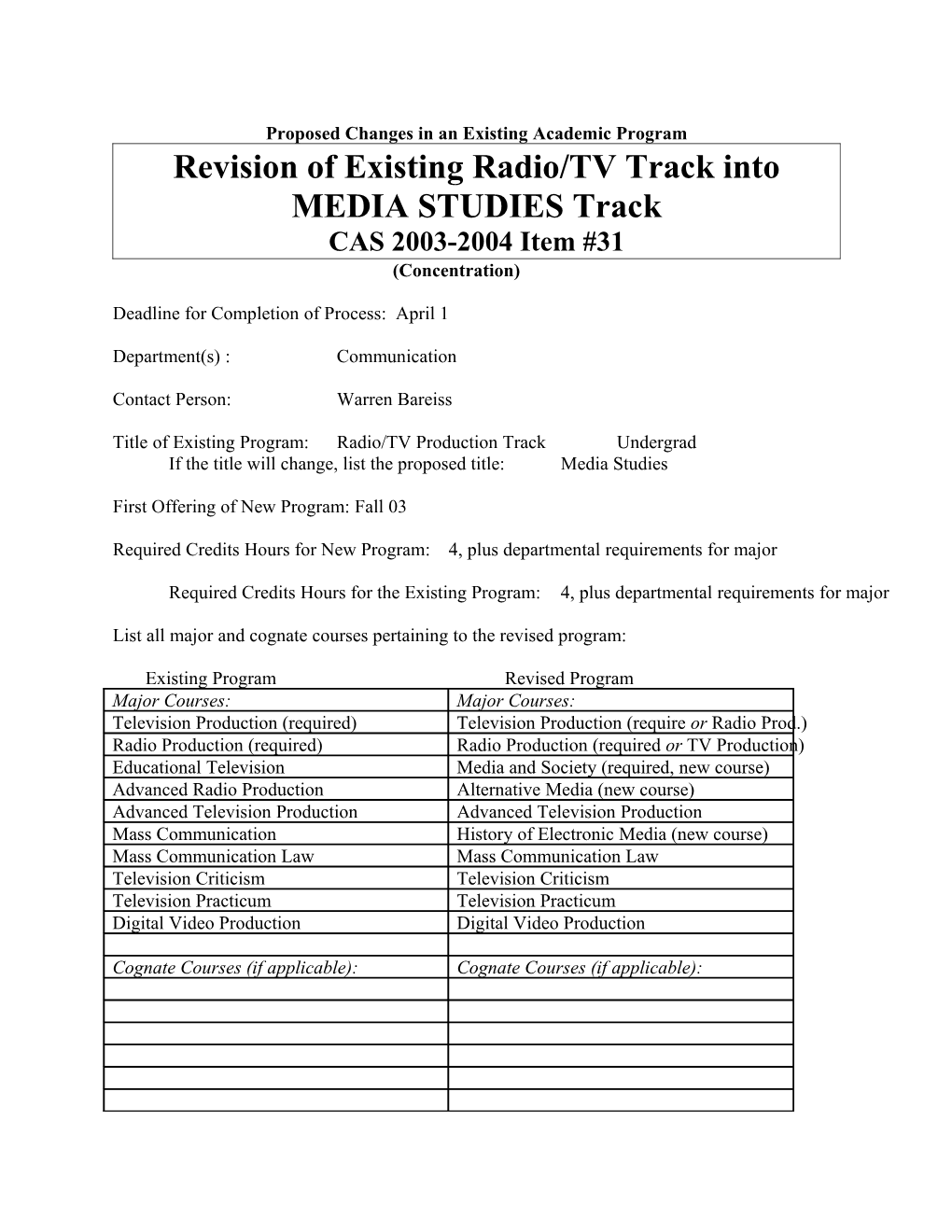 Proposed Changes in an Existing Academic Program