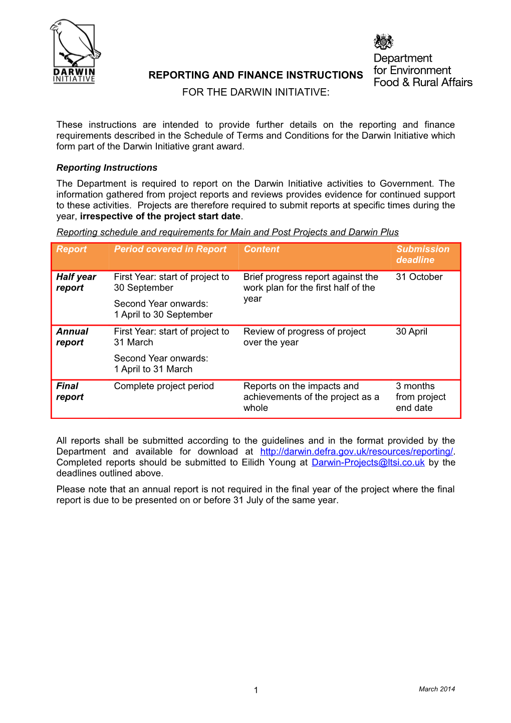 Reporting and Finance Instructions