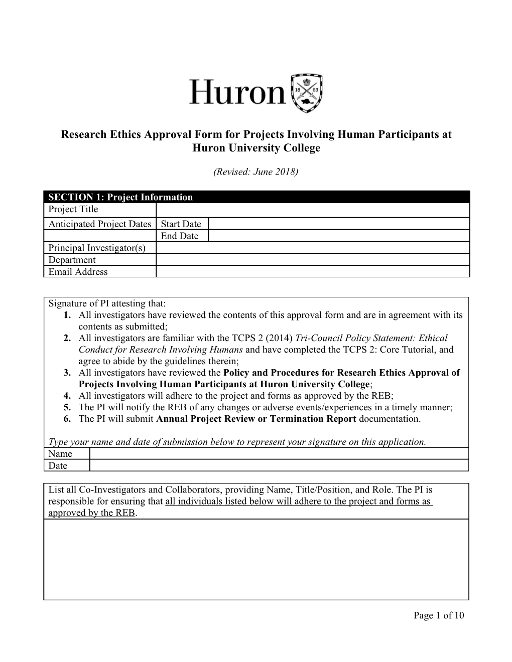 Research Ethics Approval Form for Projects Involving Human Participants at Huron University