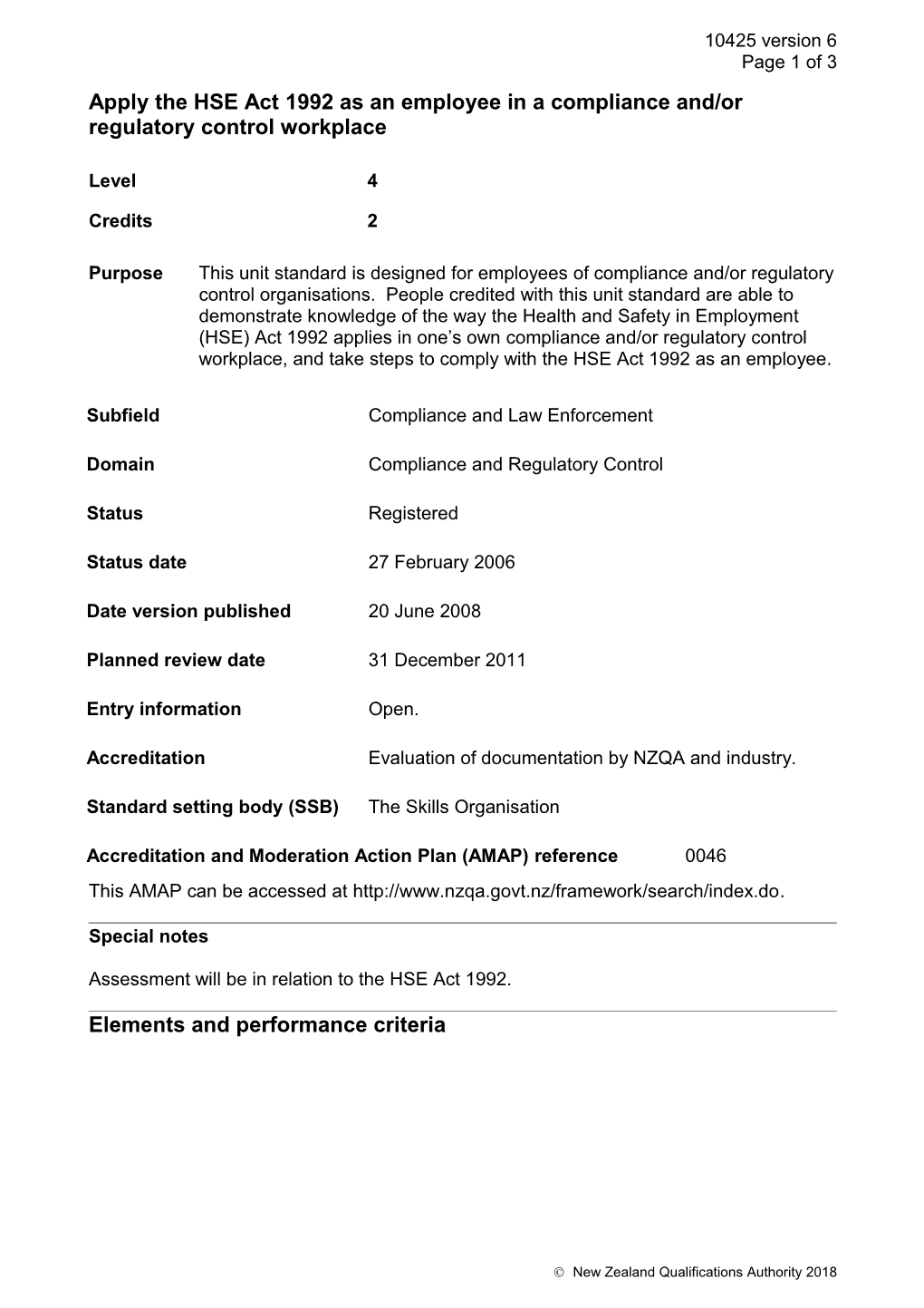 10425 Apply the HSE Act 1992 As an Employee in a Compliance And/Or Regulatory Control Workplace