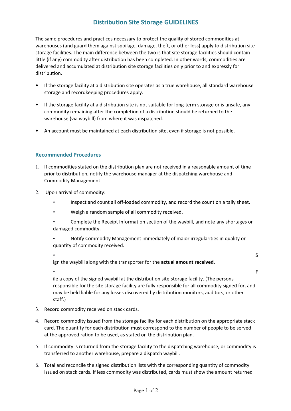 Distribution Site Storage GUIDELINES