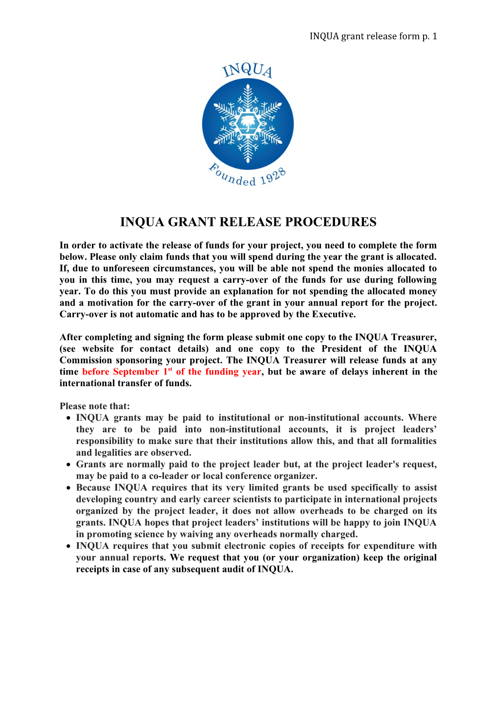 Inqua Grant Release Procedures