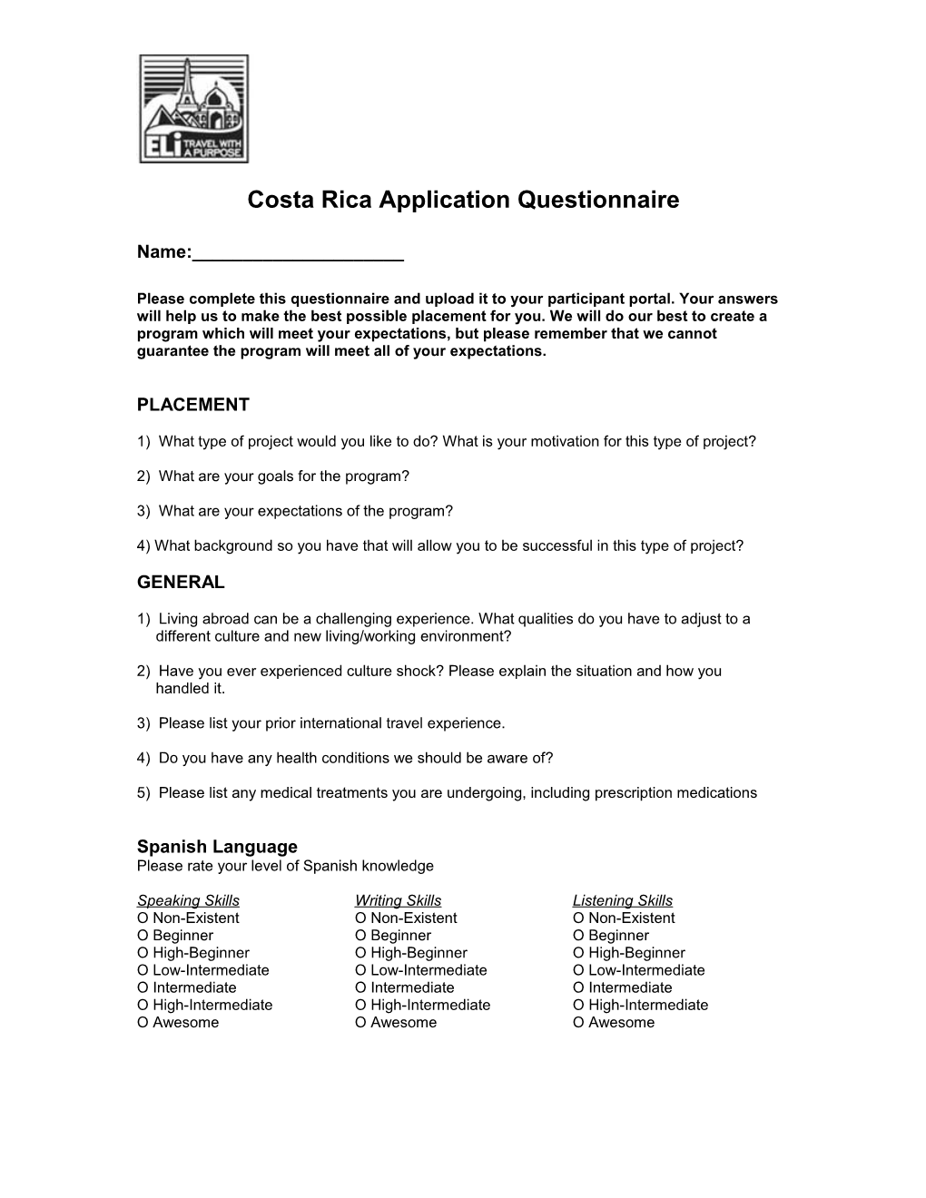 Costa Rica Application Questionnaire