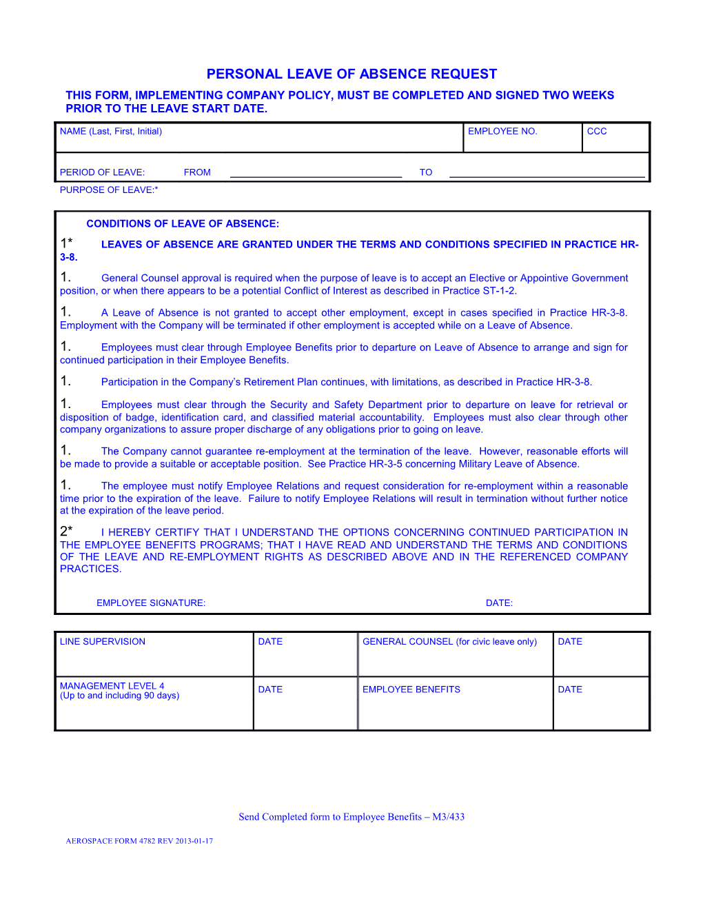 Leave of Absence Request, Form 4782 REV 12-94