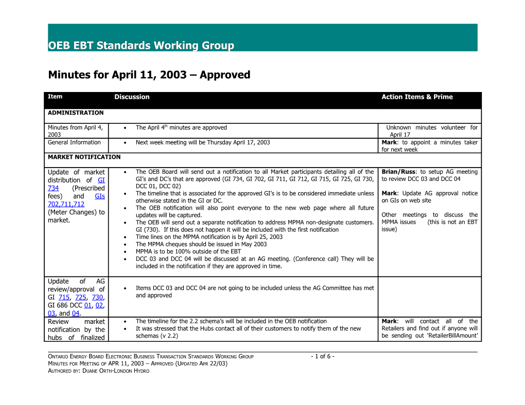 OEB EBT Std WG Minutes - Apr 11/03