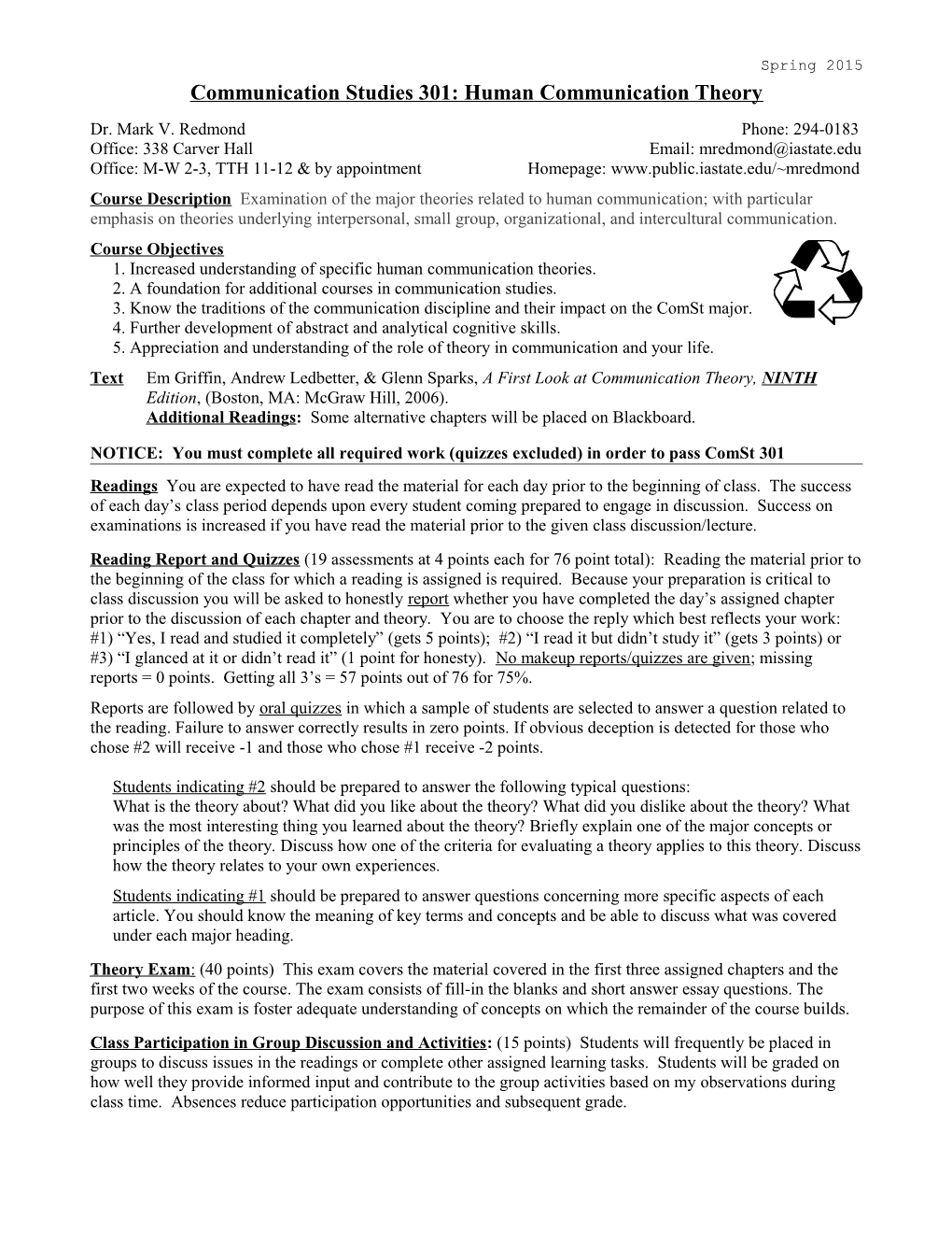 Syllabus for Spcm 311 Summer 1992